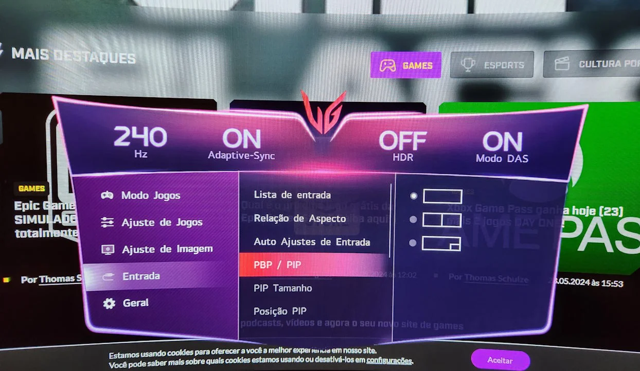 LG Ultragear OLED Curvo LG Ultragear OLED Curvo - modo PBP e PIP