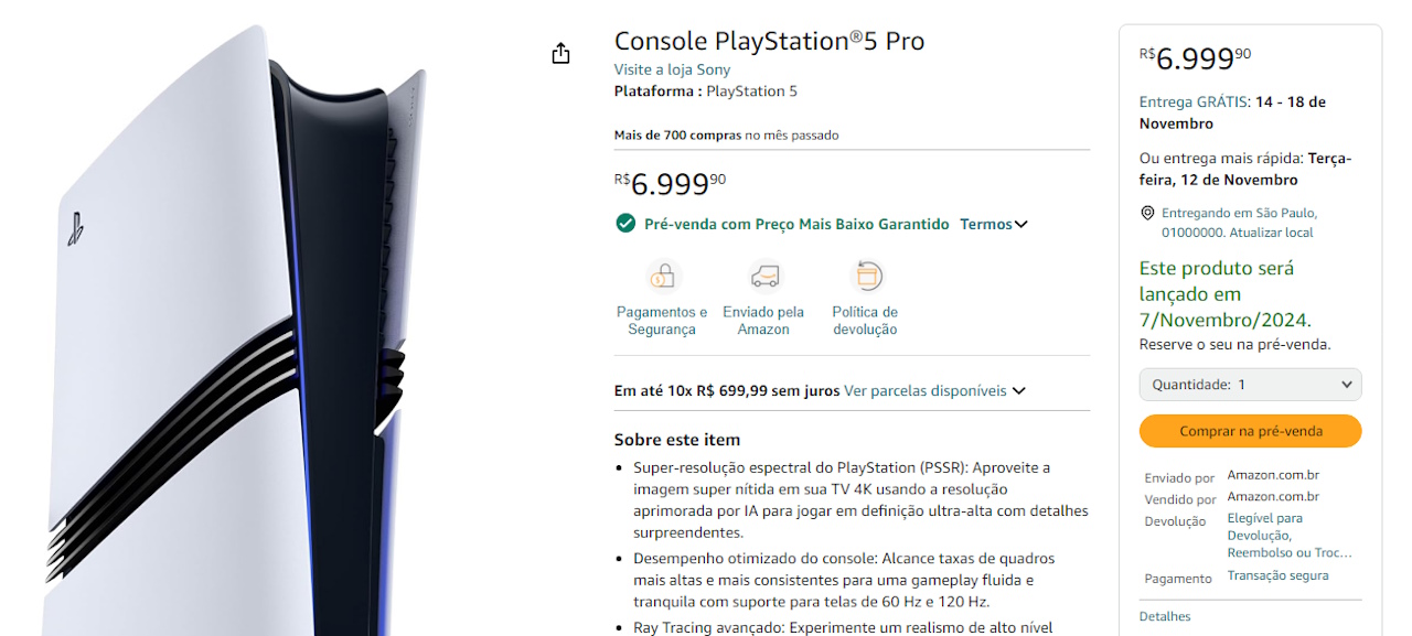 PS5 Pro PS5 Pro em pré-venda no site da Amazon