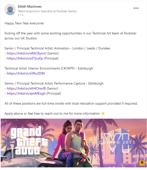 GTA 6 Linked In - vagas da Rockstar Games com menção a GTA 6
