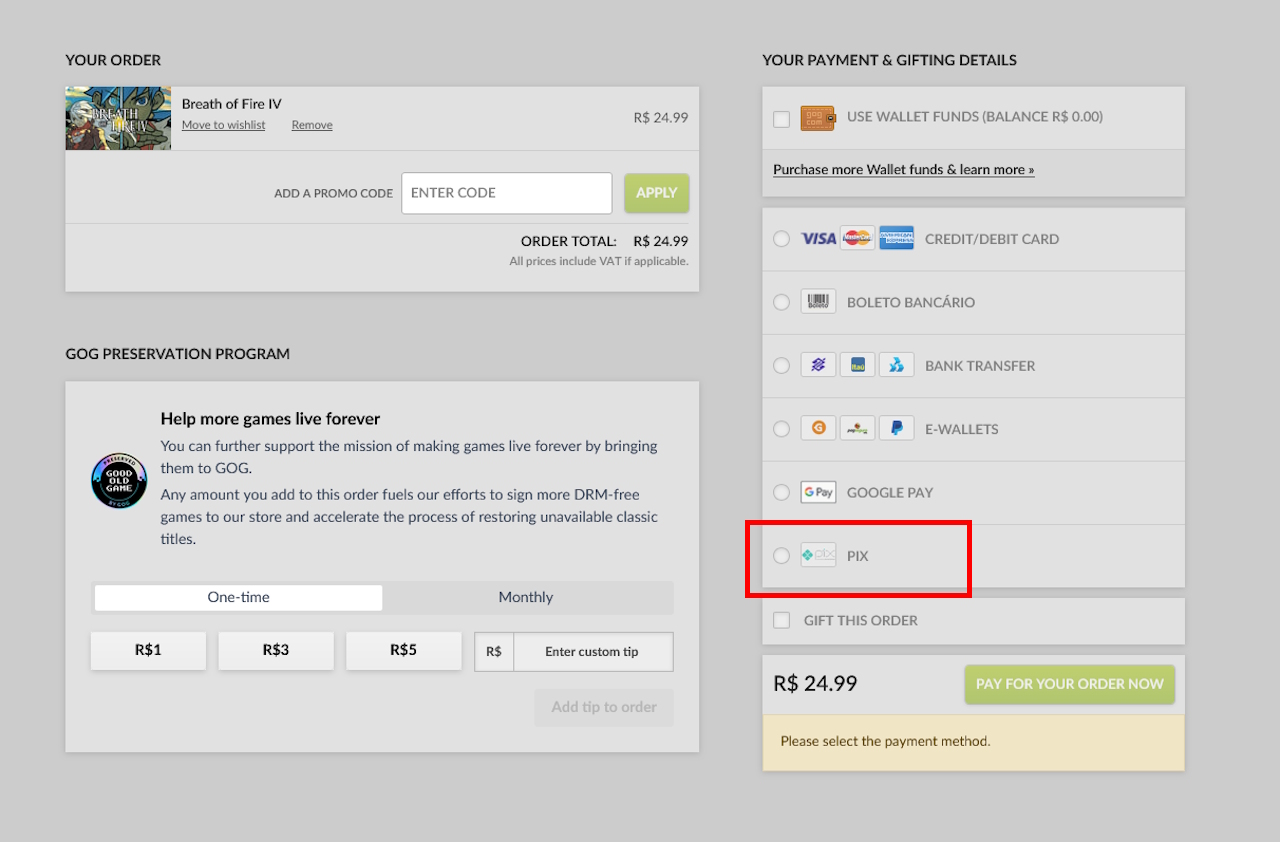 GOG GOG adiciona PIX como forma de pagamento